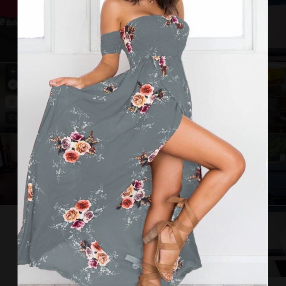 Grey Floral Off-the-Shoulder Dress